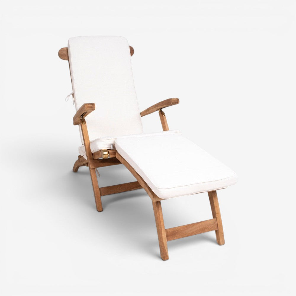 Kayu Living Arrecife natural teak deck chair with white cotton cushion, adjustable reclining, outdoor patio furniture.