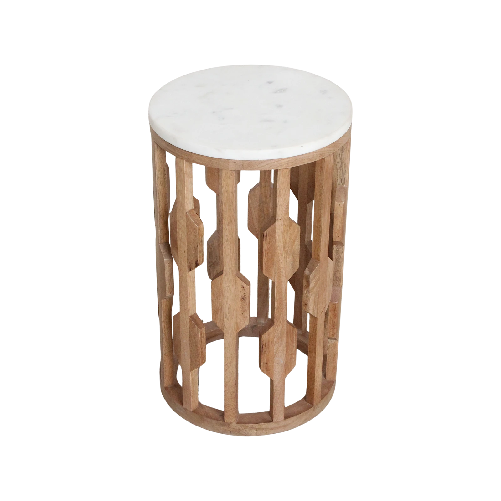 Kayu Living Atjeh round side table with a white marble top and a decorative openwork mango wood base.