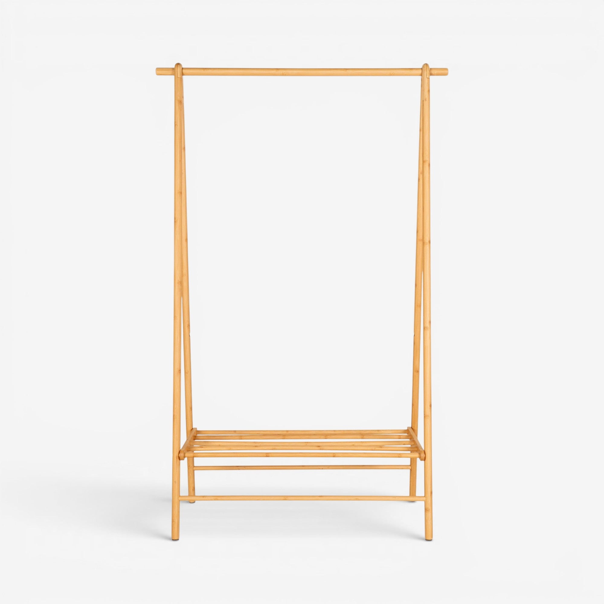 Kayu Living natural bamboo clothes rack with hanging rail and two shelves, 104 x 46 x 164 cm