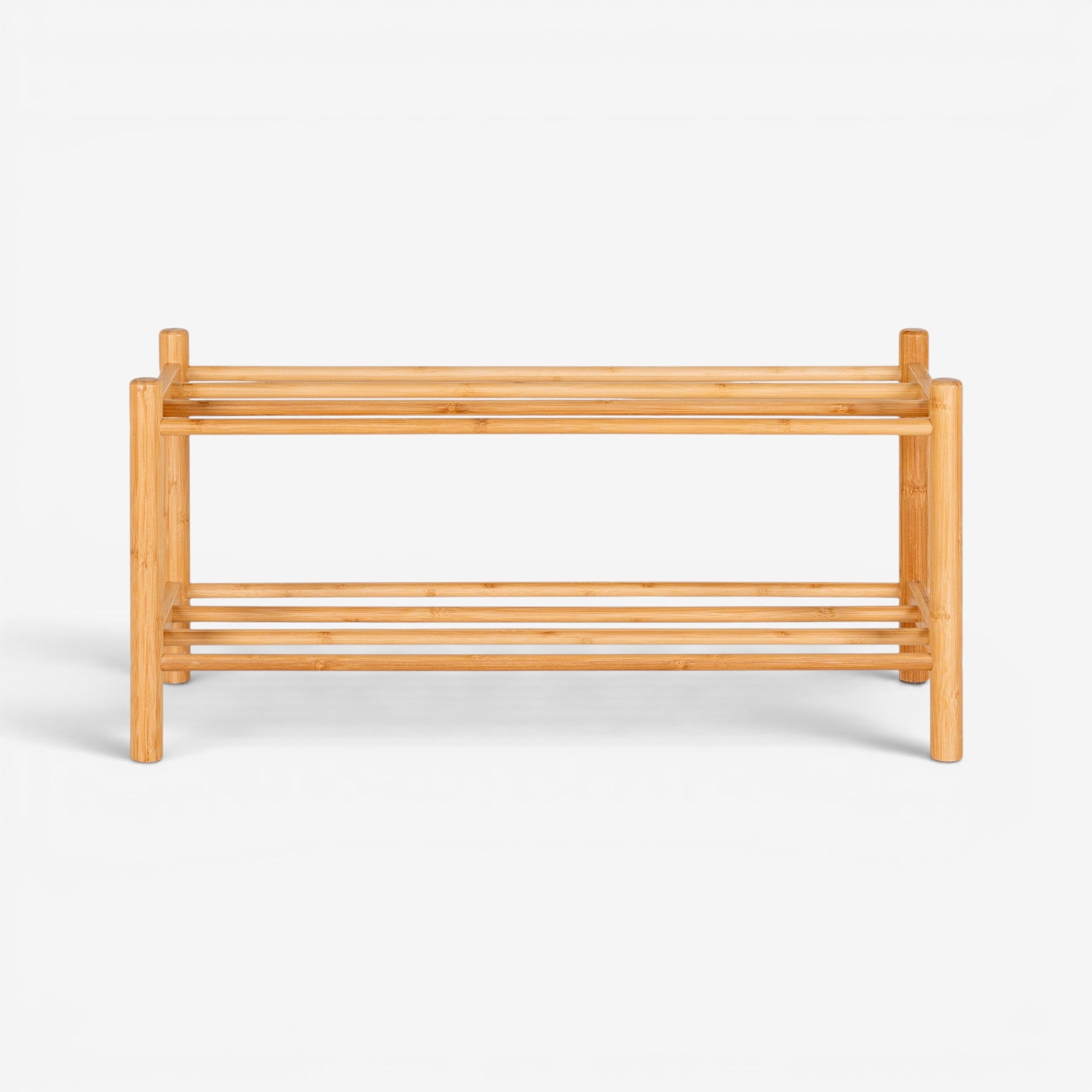 Kayu Living natural bamboo 2-tier shoe rack, compact and eco-friendly for entryways or closets.