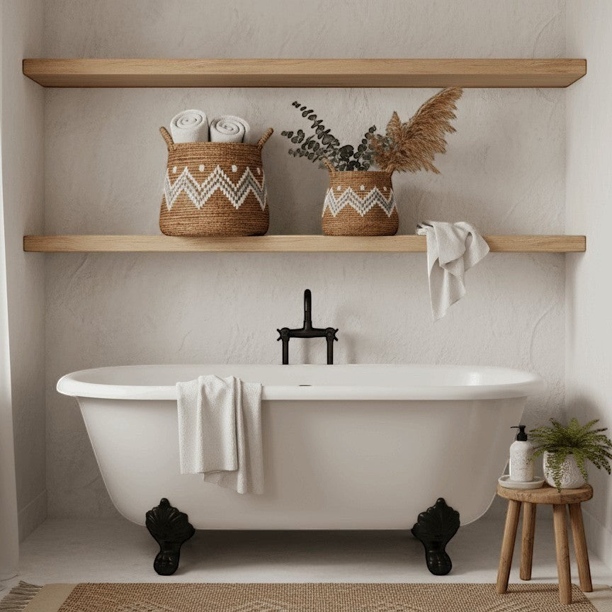 Kayu Living natural banana cord basket with white embroidered geometric pattern, perfect for storage or decor.