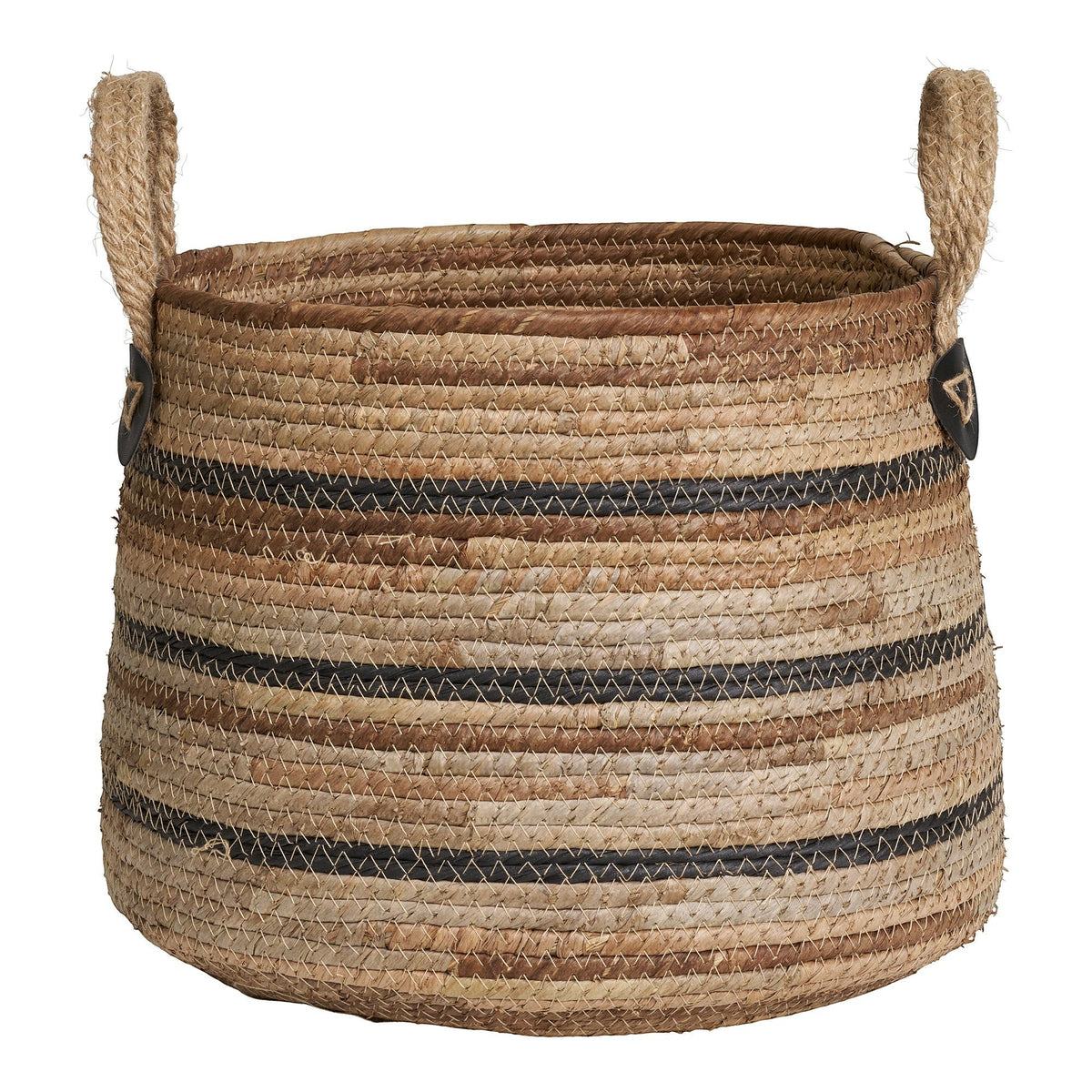 Kayu Living Erba set of 2 handcrafted natural banana-leaf storage baskets with black striped detail and rope handles.