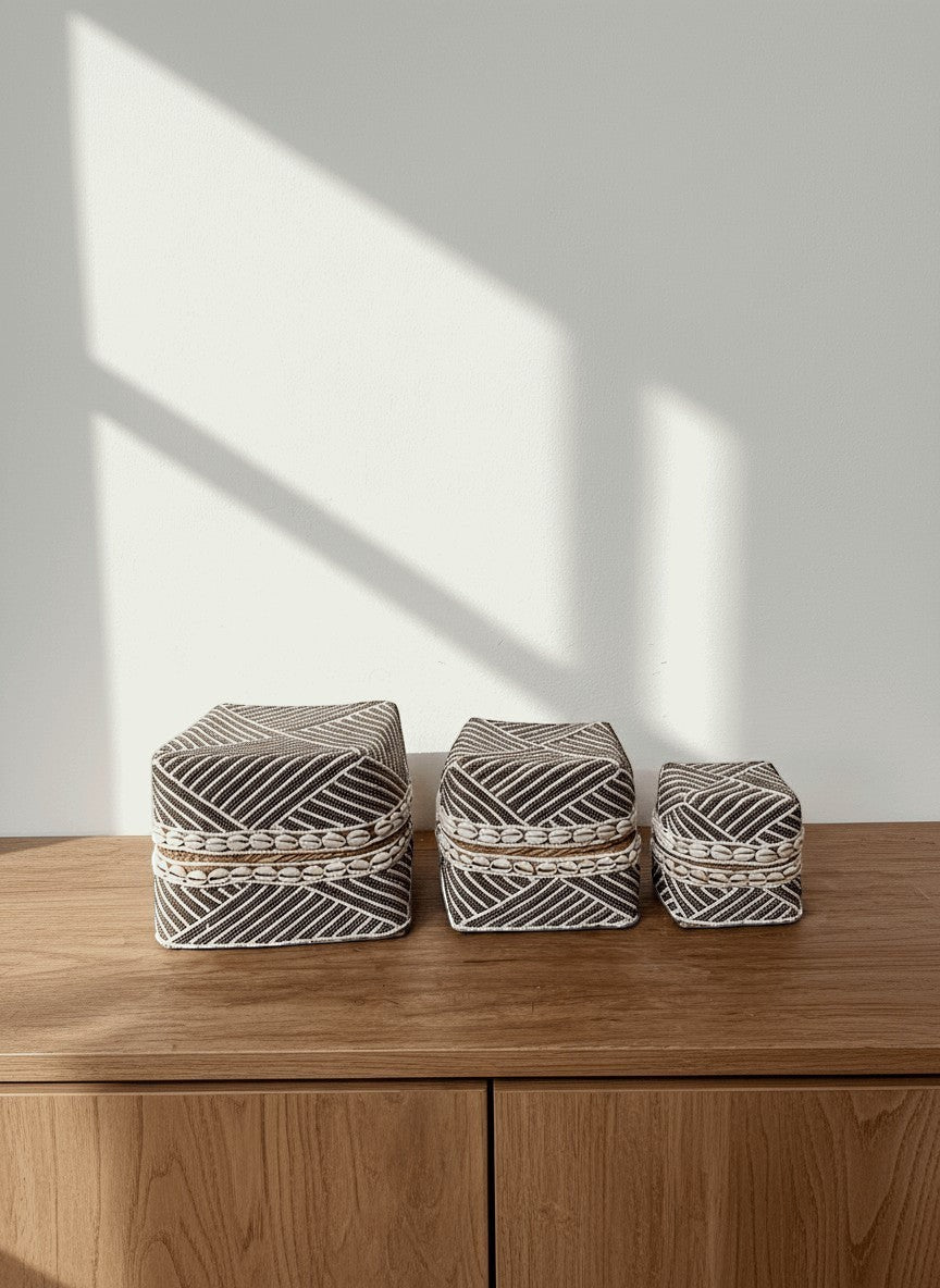 Kayu Living beaded boxes in gold and white with shell accents, handmade in Bali. Available in S, M, L.