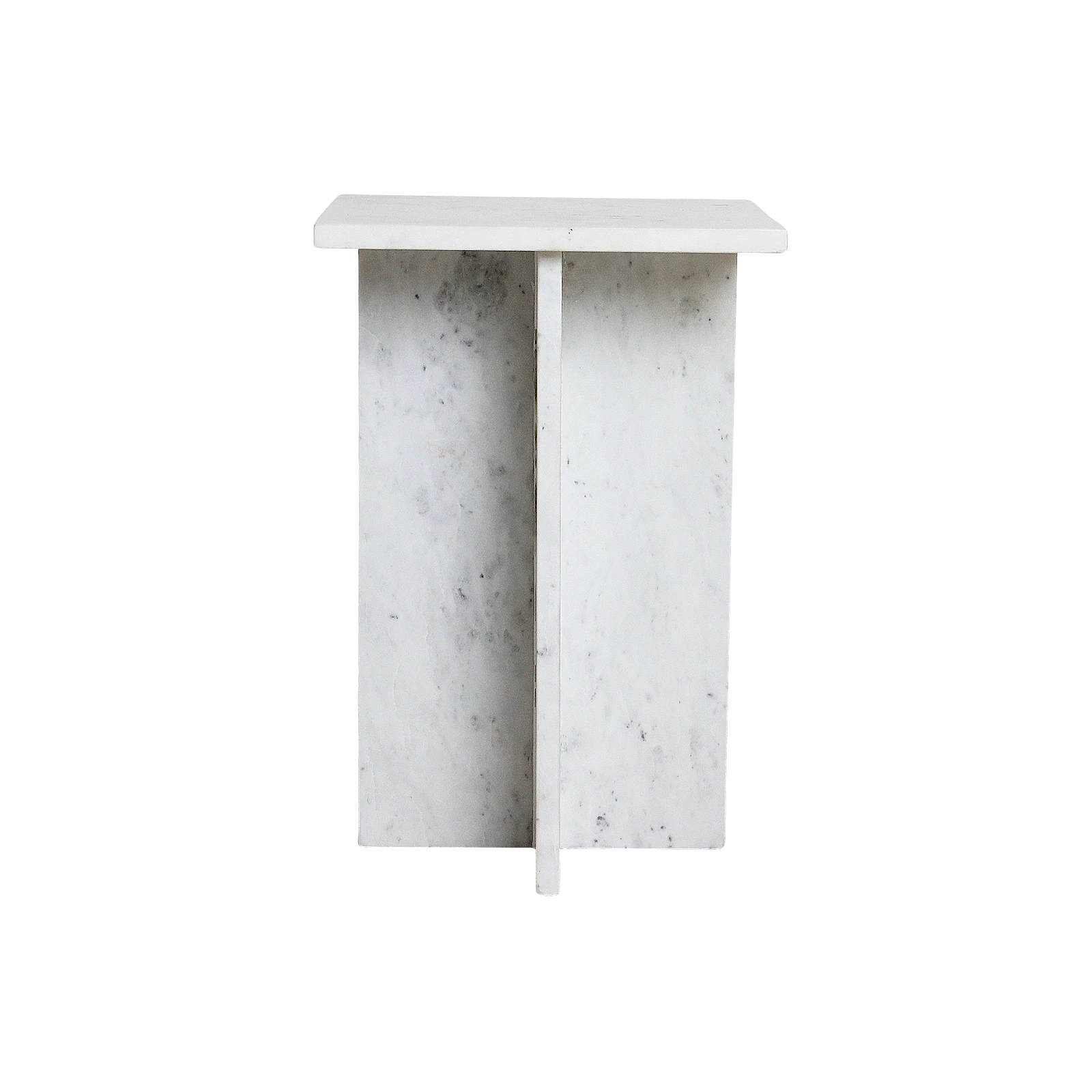 Kayu Living Beijing white marble side table with a minimalist crossed slab design and subtle grey veining.