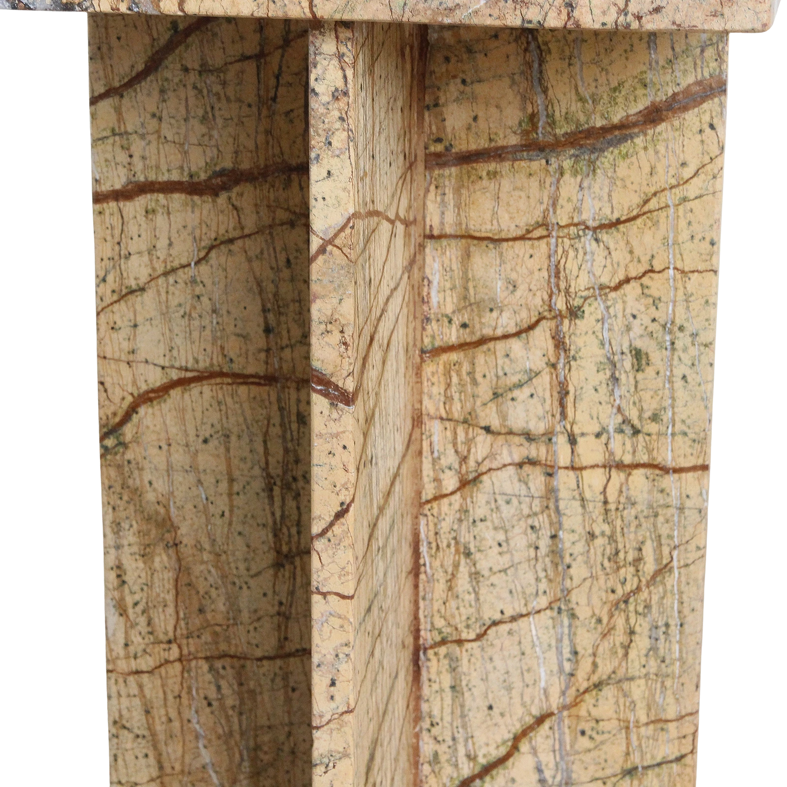 Kayu Living Seoel Bizar square side table in warm-toned marble with a unique cross base and natural veining detail.