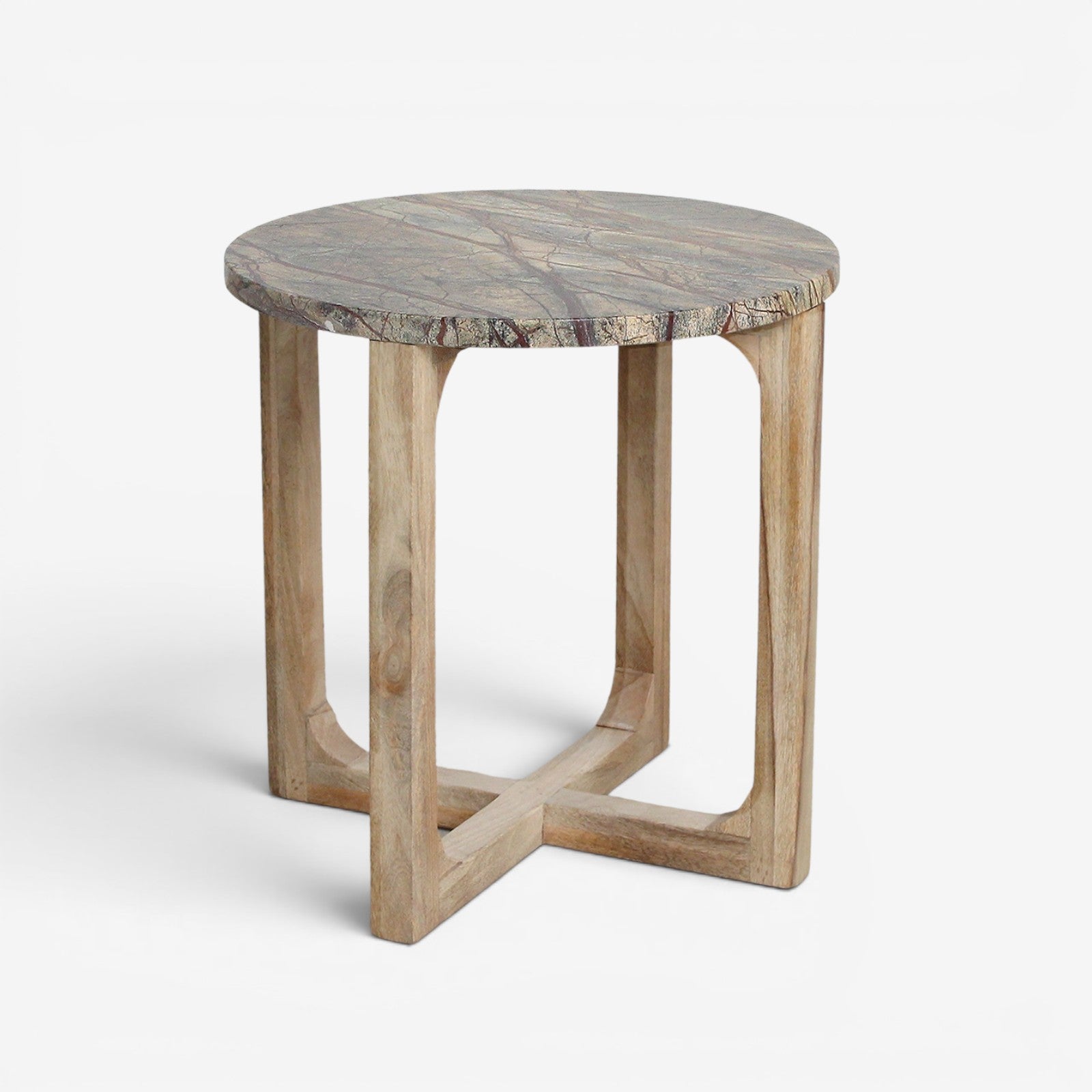 Kayu Living Bizar round side table with a rust-brown and green marble top on a crossed mango wood base.