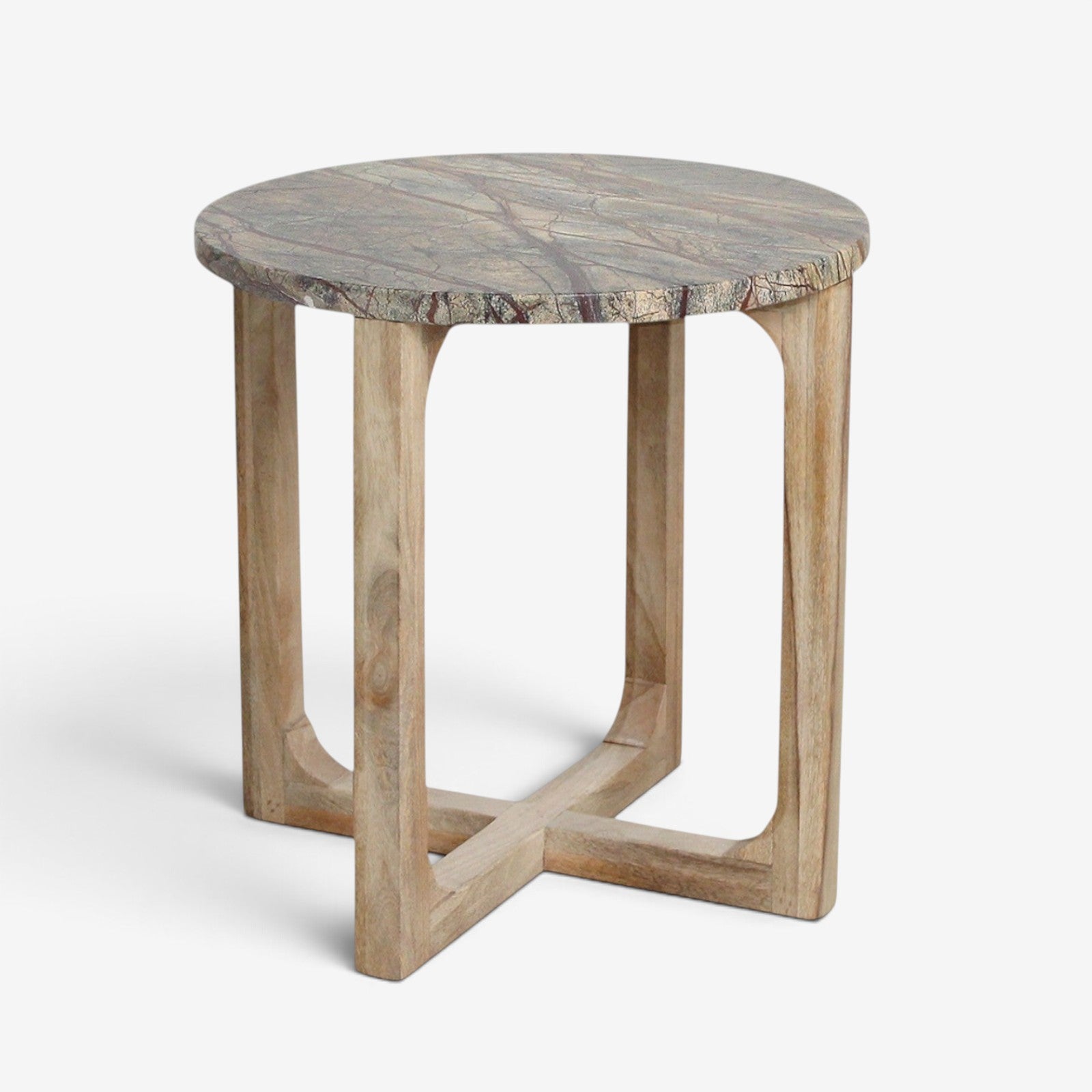 Kayu Living Bizar side table with a round marble top featuring rust-brown and green veins on a crossed mango wood base