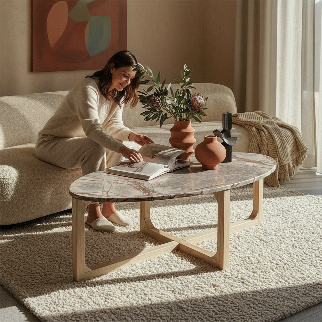 Kayu Living Bizar oval marble coffee table with light mango wood cross-frame in a cozy living room setting