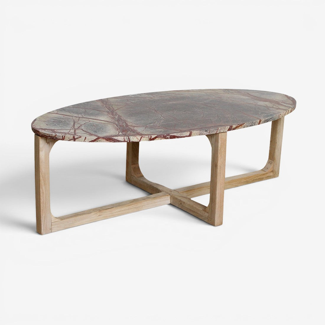 Kayu Living Bizar oval coffee table with a red veined marble top and light mango wood cross-frame base.