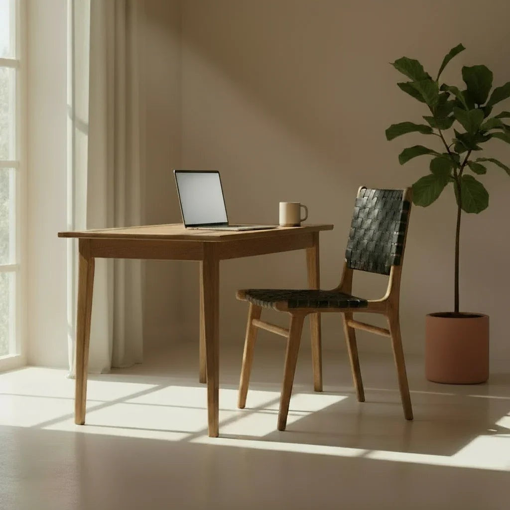 Kayu Living Umalas dining chair with hand-woven black leather seat and teak frame.