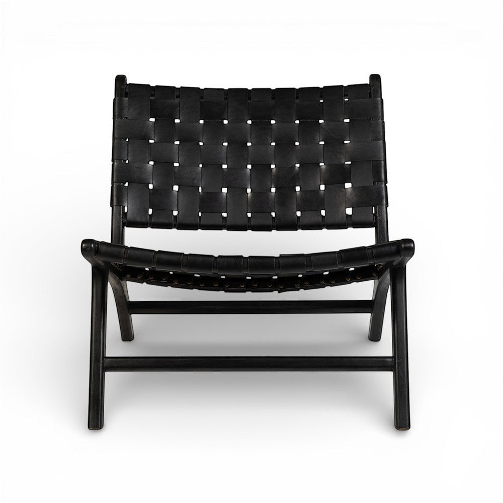 Kayu Living black handwoven leather lounge chair with black teak frame. Modern, comfortable, and stylish accent chair.