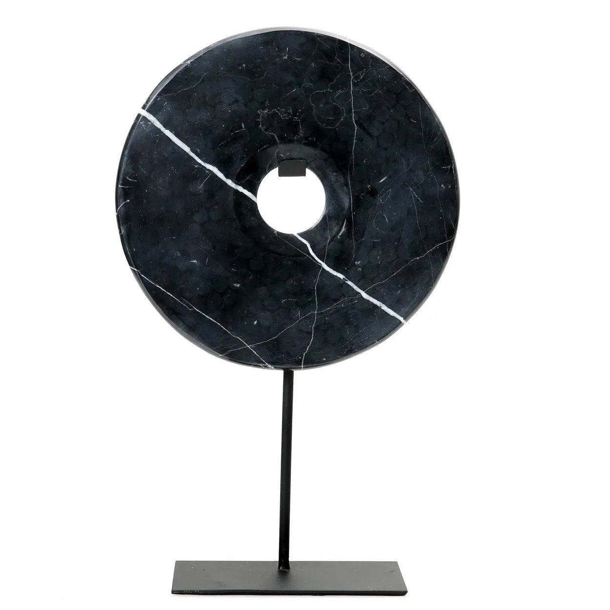 Kayu Living large black marble disc sculpture with white veining on a minimalist black metal stand