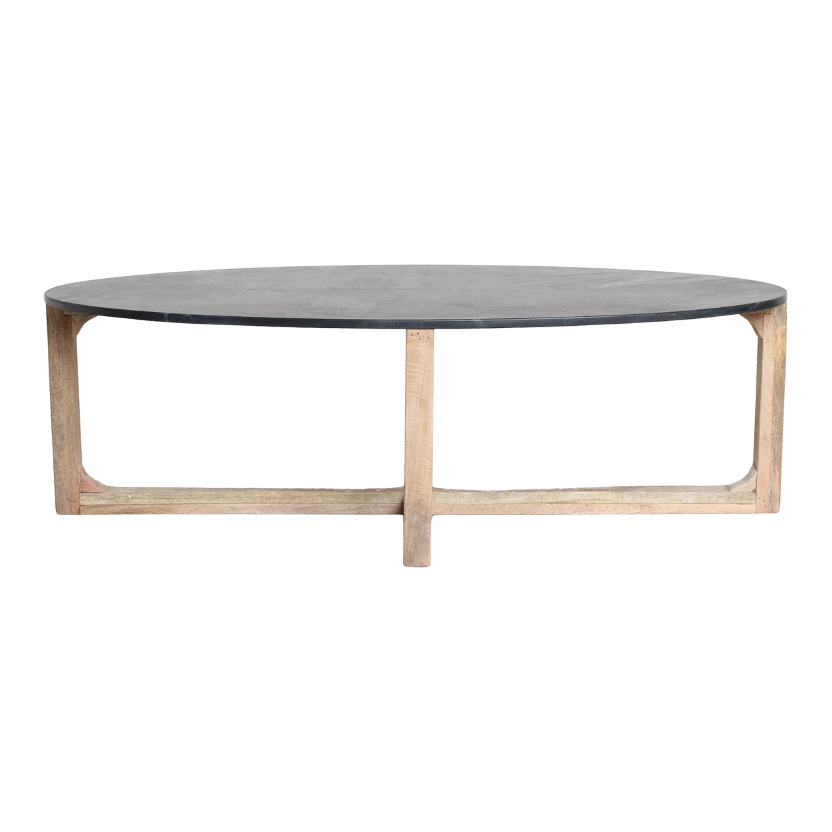 Kayu Living oval coffee table featuring a black marble top and a sustainable light wood crossed base.