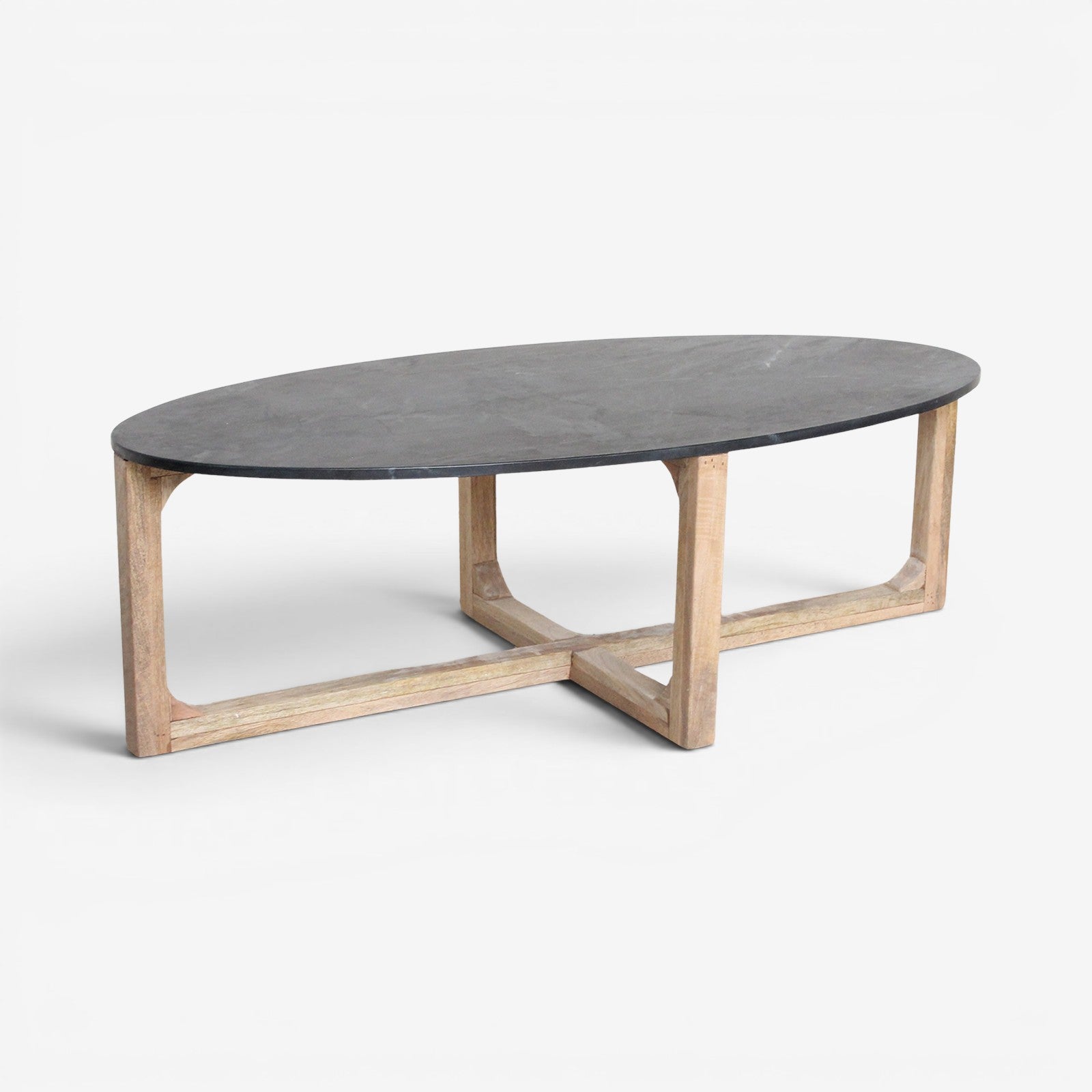 Kayu Living black oval marble coffee table with a sustainable mango wood crossed base on a white background