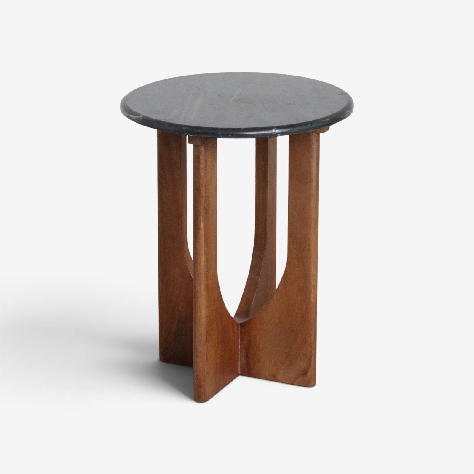 Kayu Living Brunei round side table with a black marble top and a dark mango wood cross base