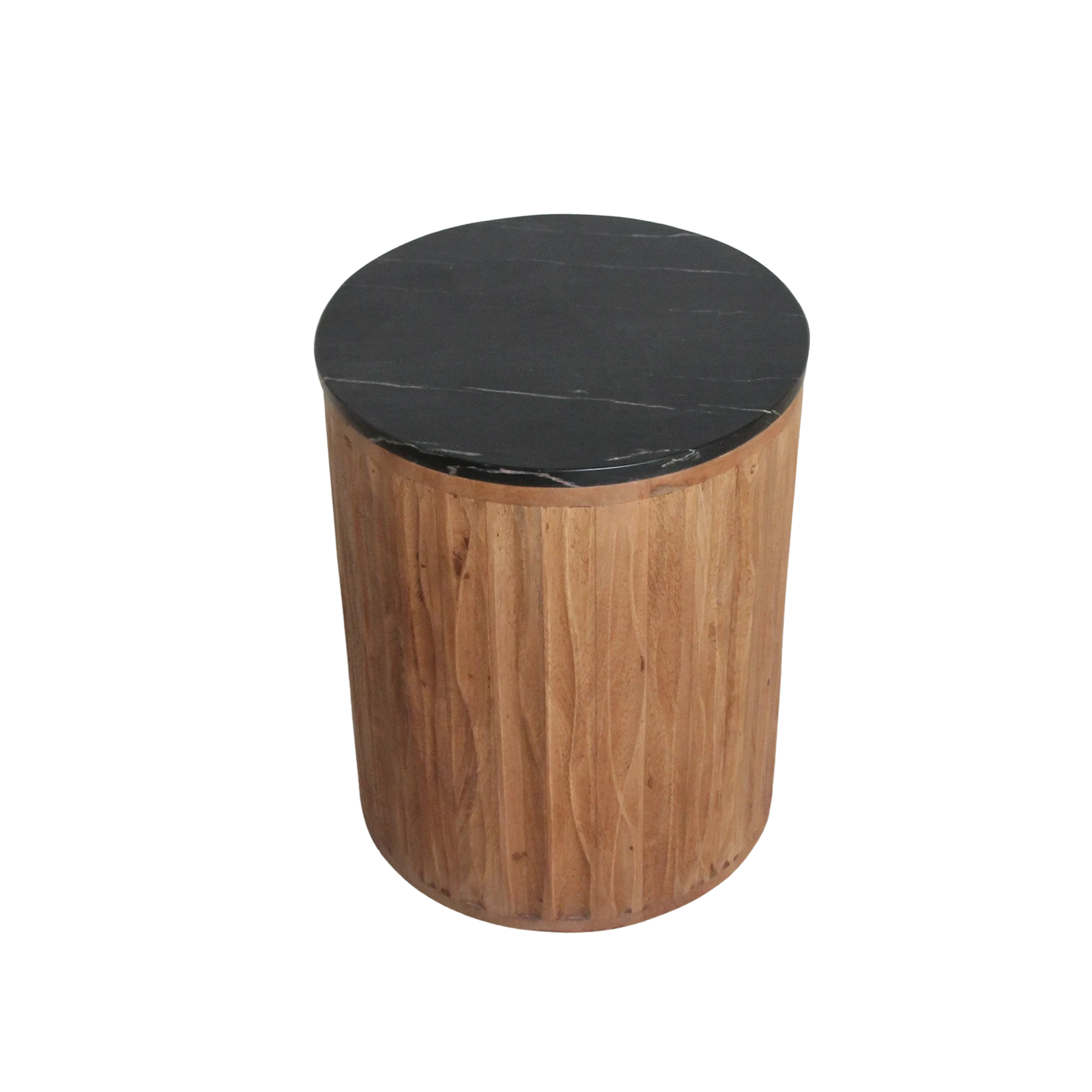 Kayu Living Langkawi side table with a round black marble top and a cylindrical fluted mango wood base.