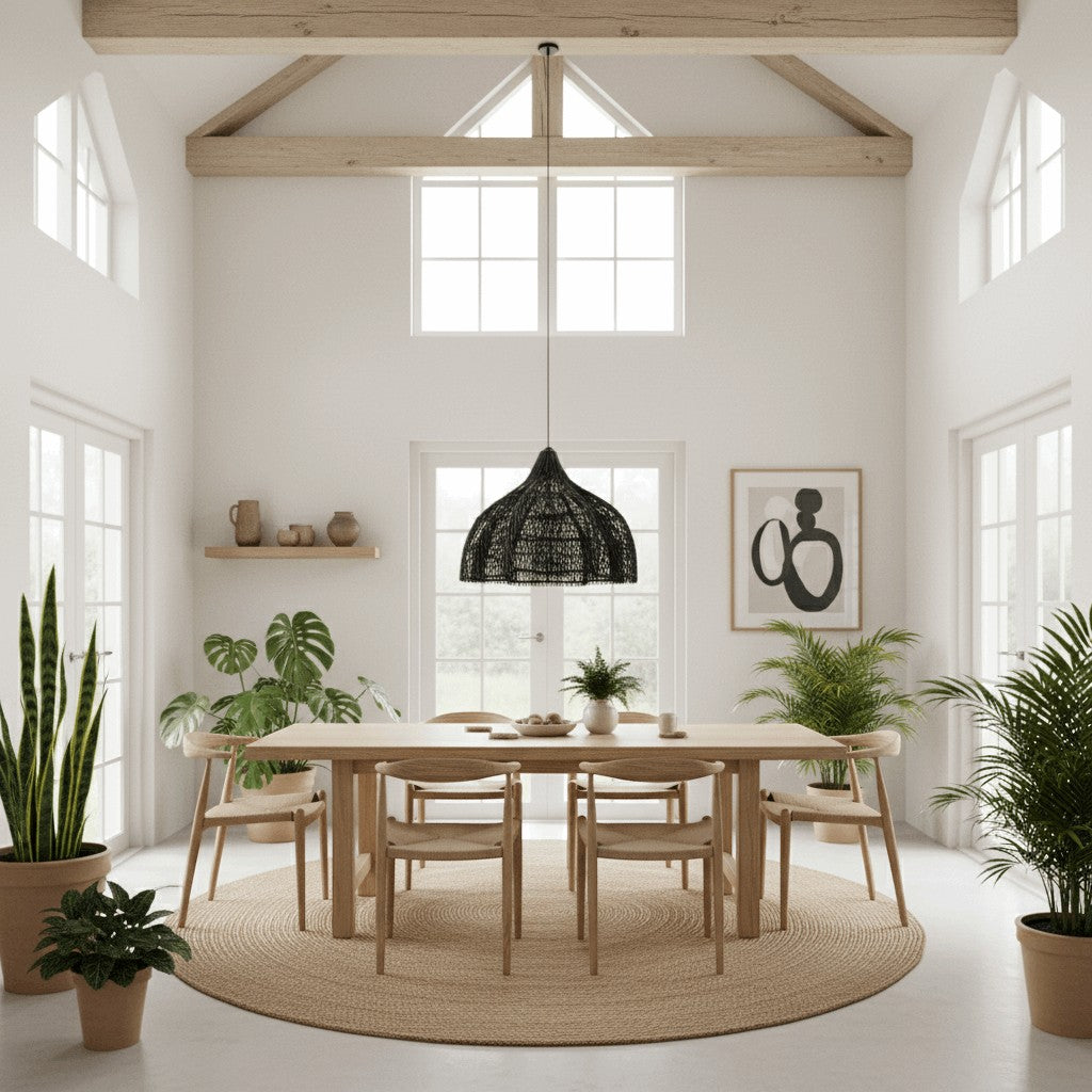Kayu Living black rattan pendant lamp with a unique shape, perfect for boho-style dining rooms.