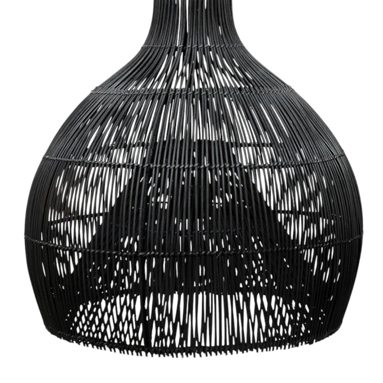 Kayu Living black rattan pendant lamp with a handwoven, vase-inspired shape. Coastal charm.