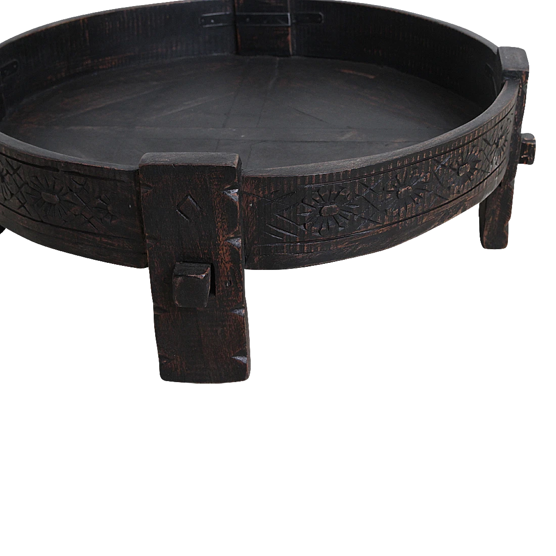 Kayu Living black hand-carved recycled wood Chakki side table with intricate floral carvings and a low profile.