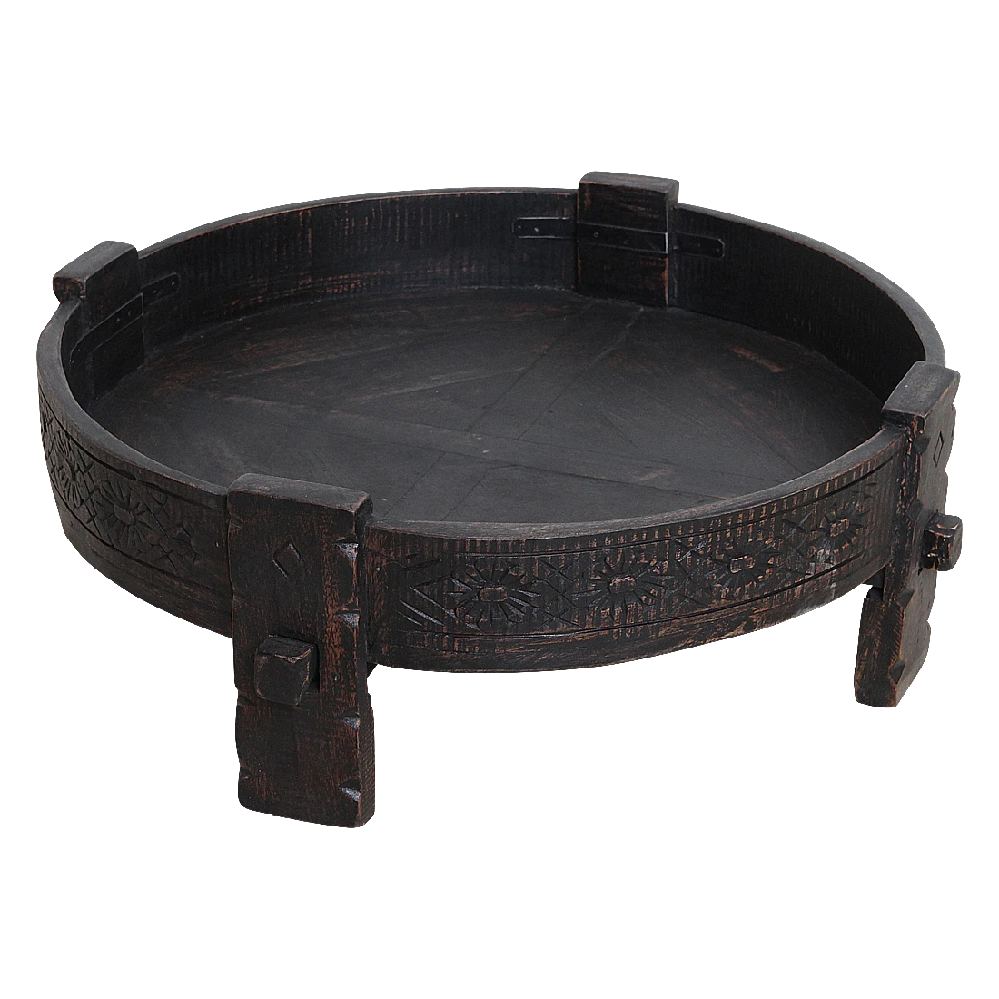 Kayu Living black hand-carved recycled wood Chakki side table with a low profile and intricate rim detailing.