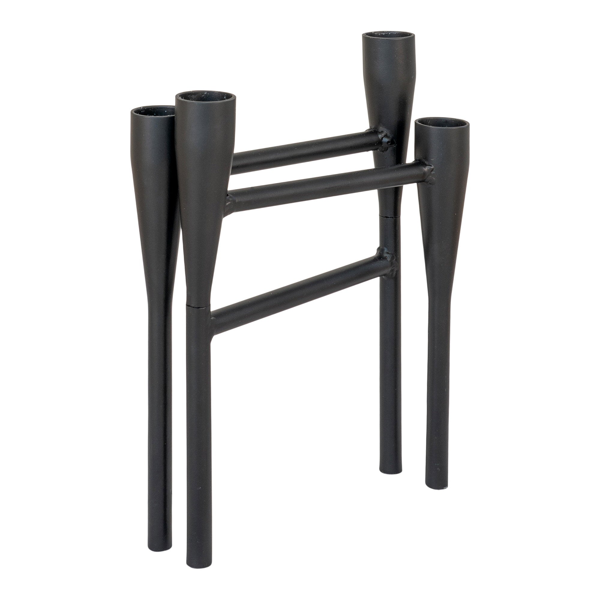 Kayu Living minimalist black steel candle holder with a sleek, modern four-pillar design for contemporary decor.