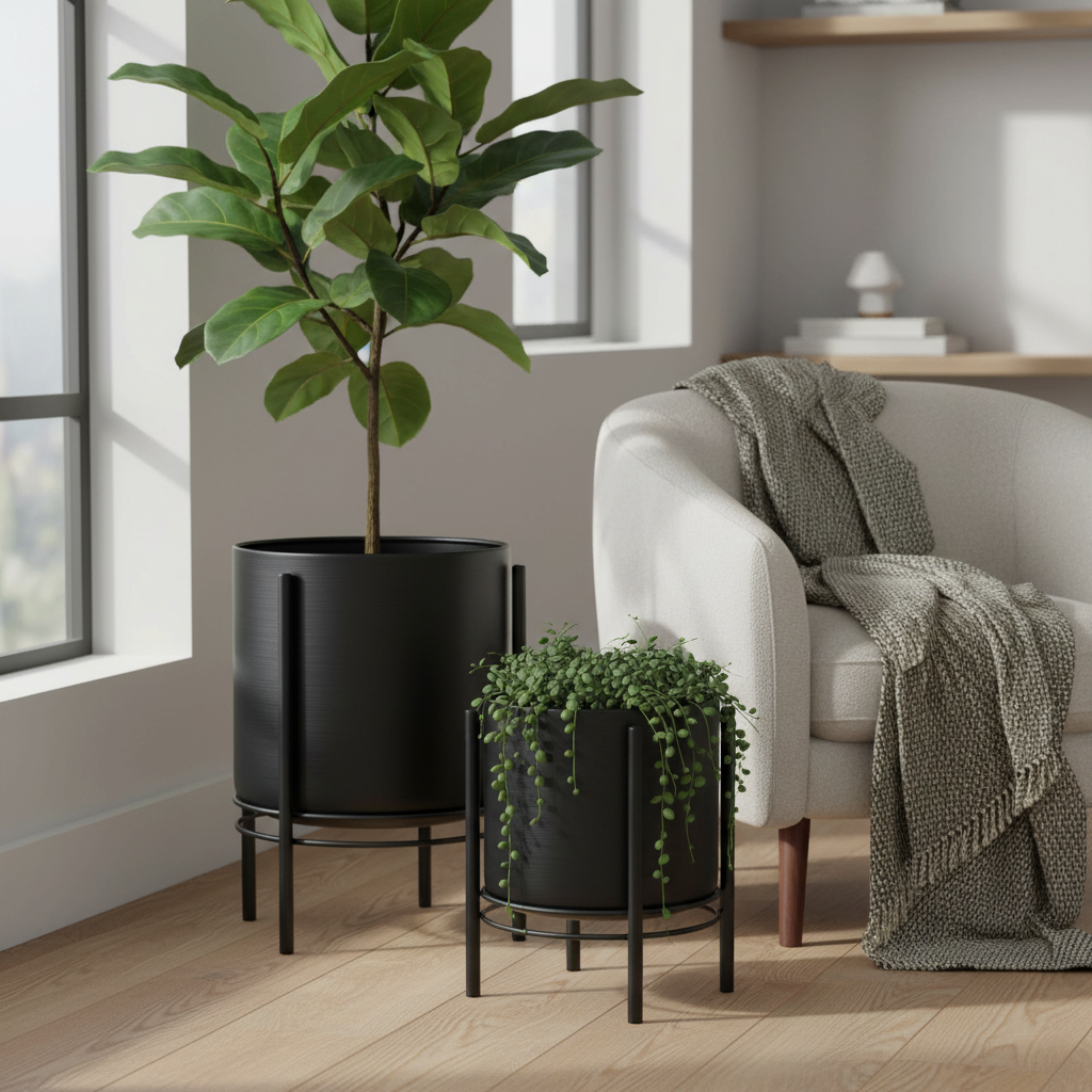 Kayu Living set of two black steel flowerpots with stands, featuring a tall and short planter in a bright room.