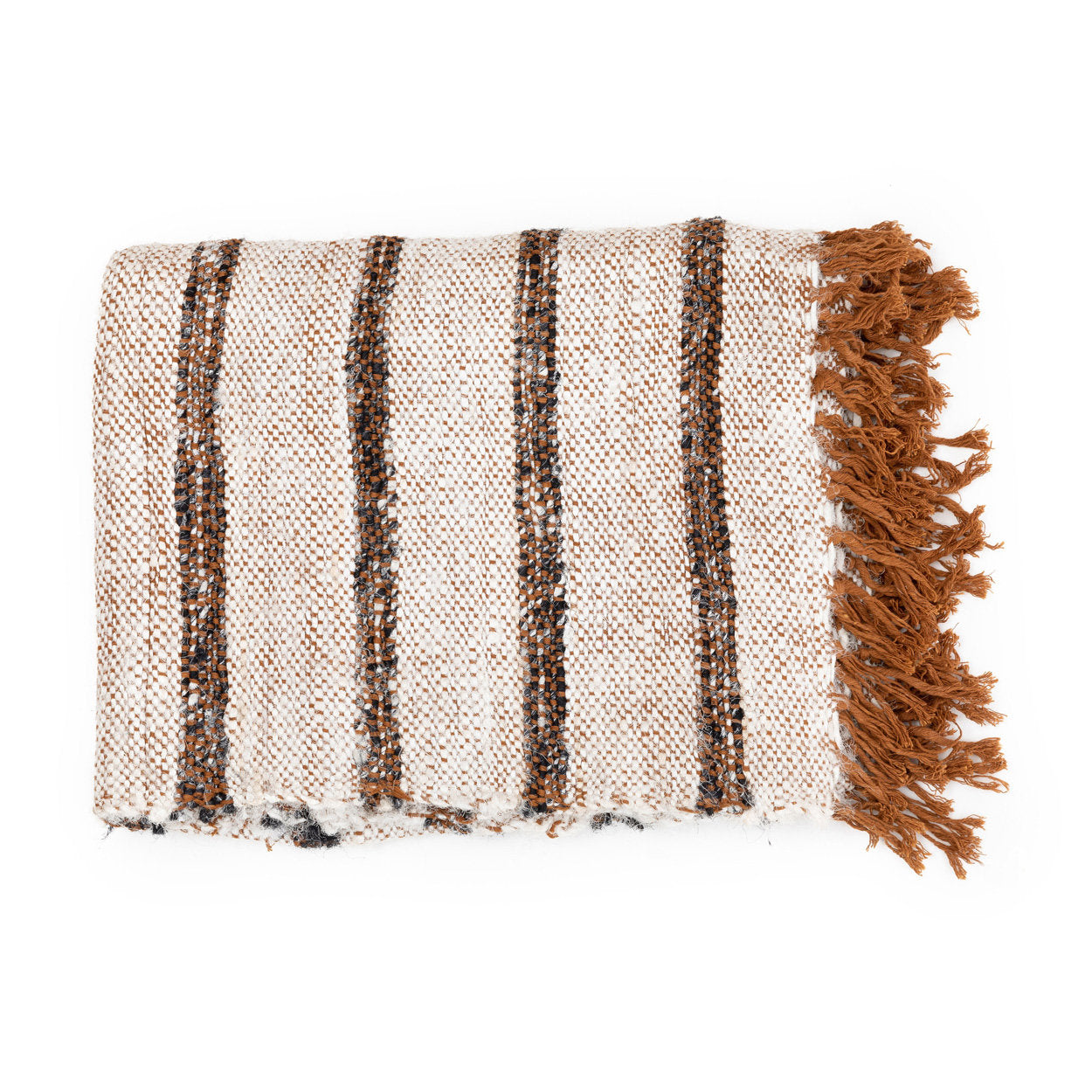 Kayu Living hand-woven cotton throw blanket in Bohemian White with brown striped pattern and fringed edges.