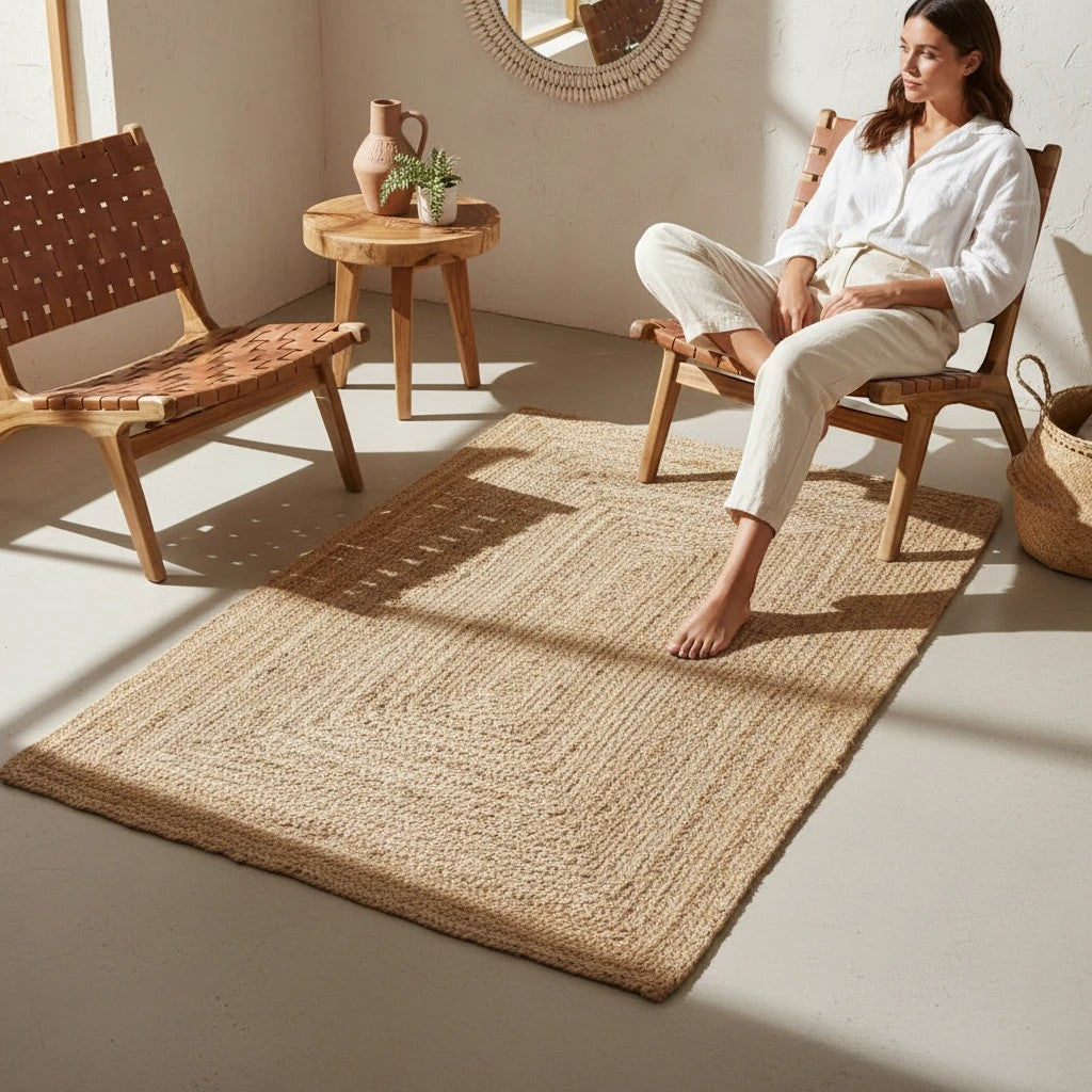 Kayu Living Bombay braided jute rug in natural, 120x180cm. Adds rustic elegance and warmth to living rooms or entryways.