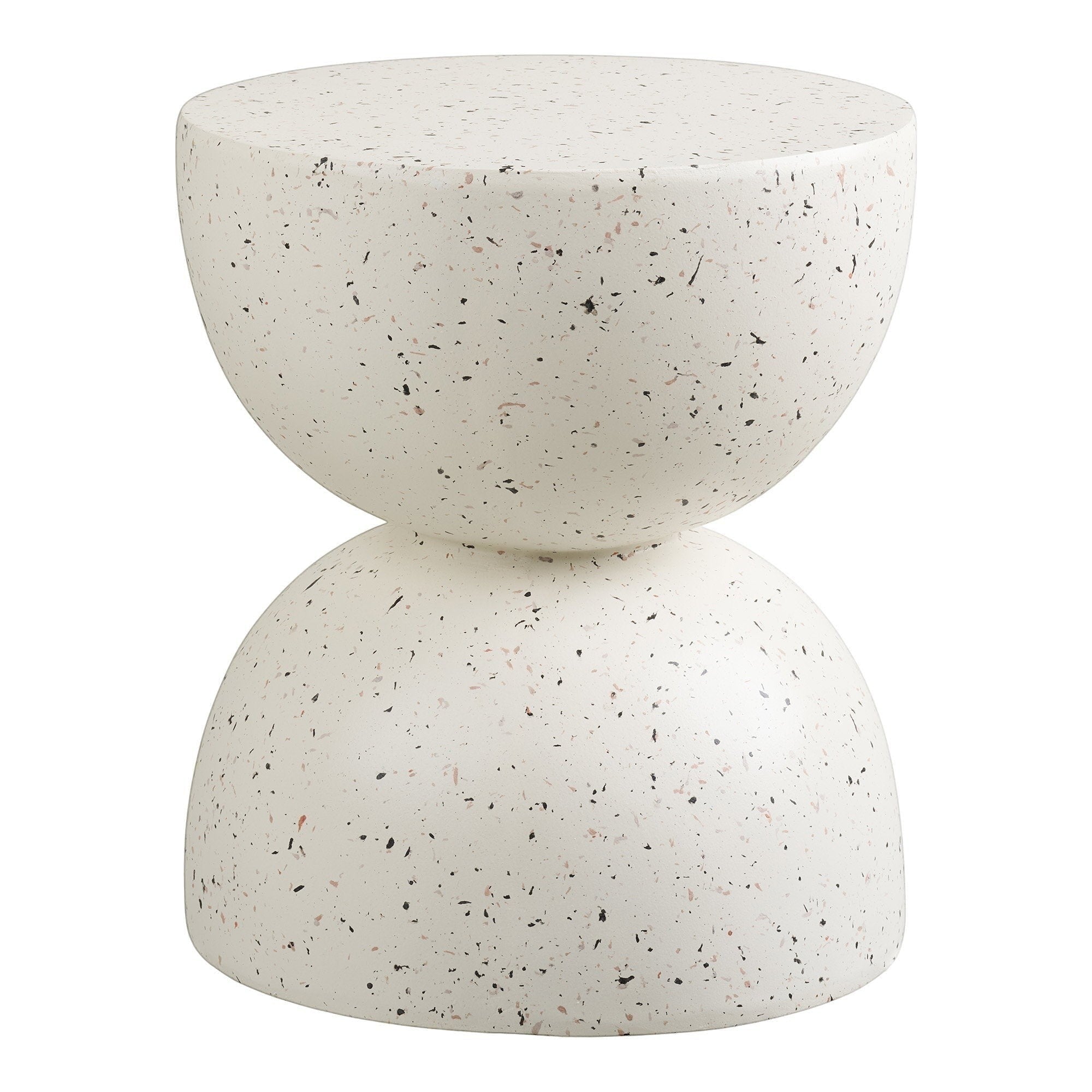 Kayu Living Bonita side table in off-white fiberclay with a modern terrazzo finish and hourglass silhouette.