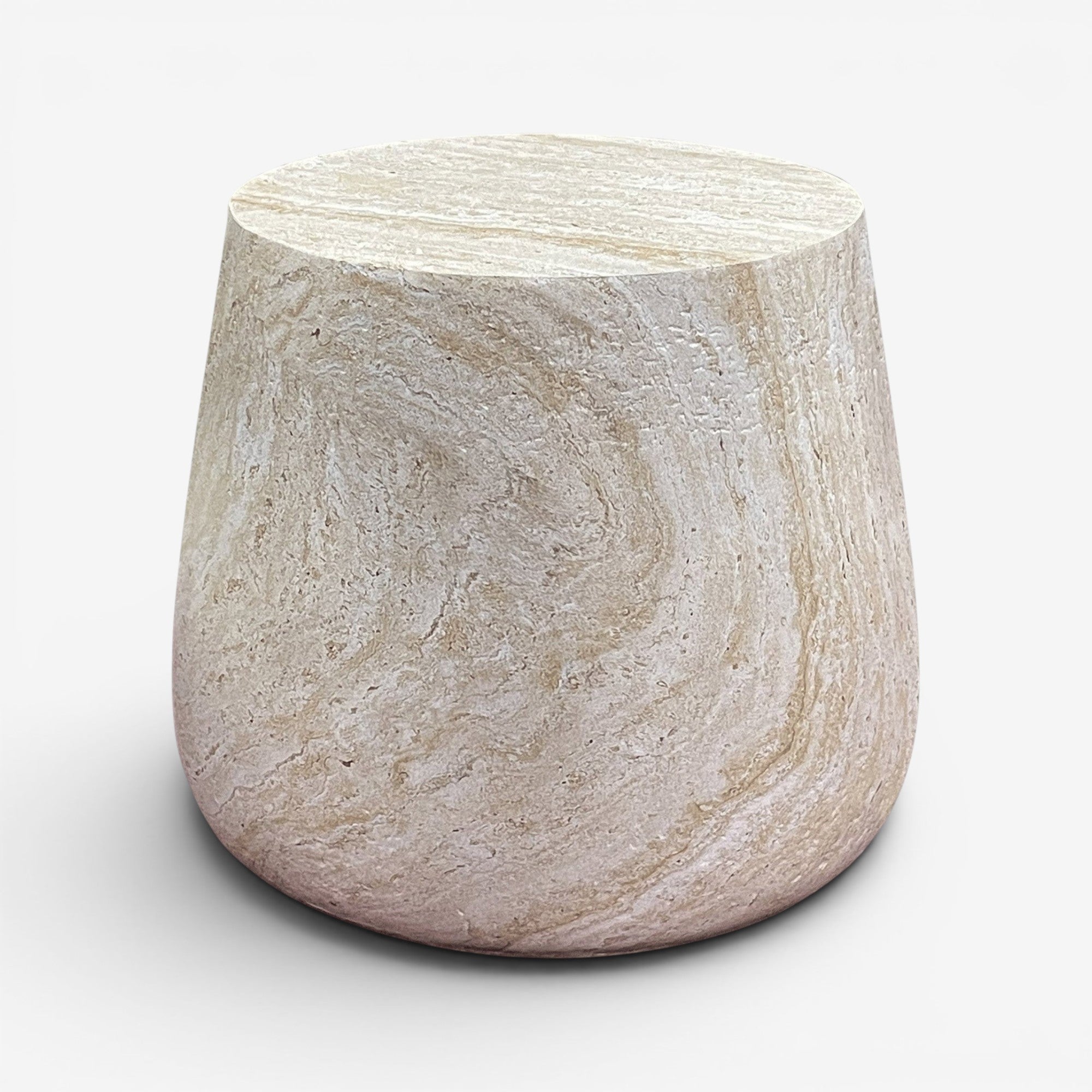 Kayu Living Bonn side table in natural fiberclay with a textured, stone-like finish and minimalist drum shape.