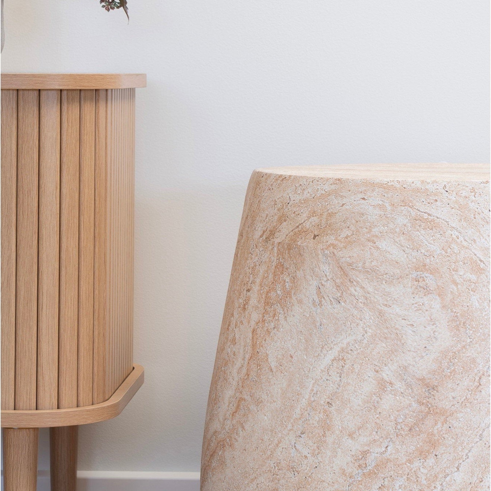 Kayu Living Bonn side table in natural fiberclay with a stone-like finish and minimalist tapered design.