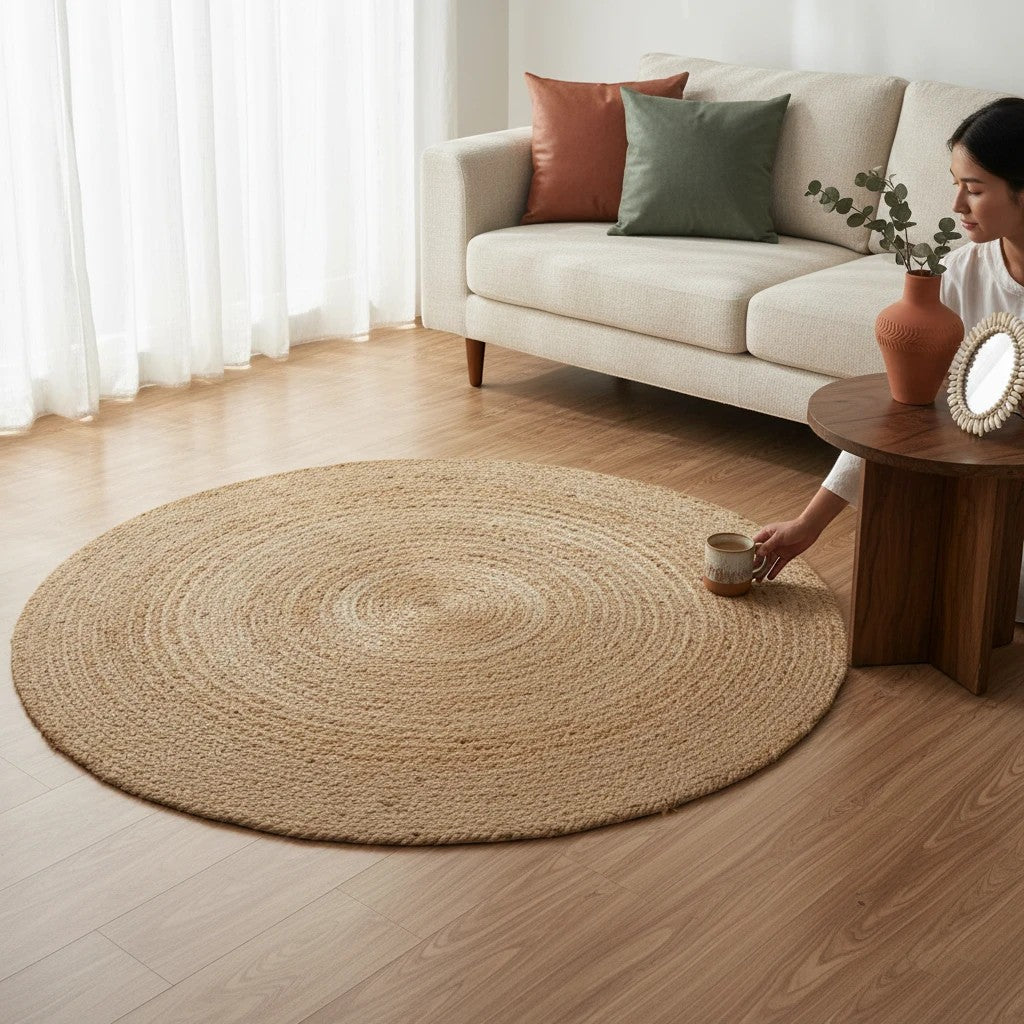 Kayu Living braided jute rug, natural, 180 cm diameter, adds rustic elegance and textured comfort to living spaces.