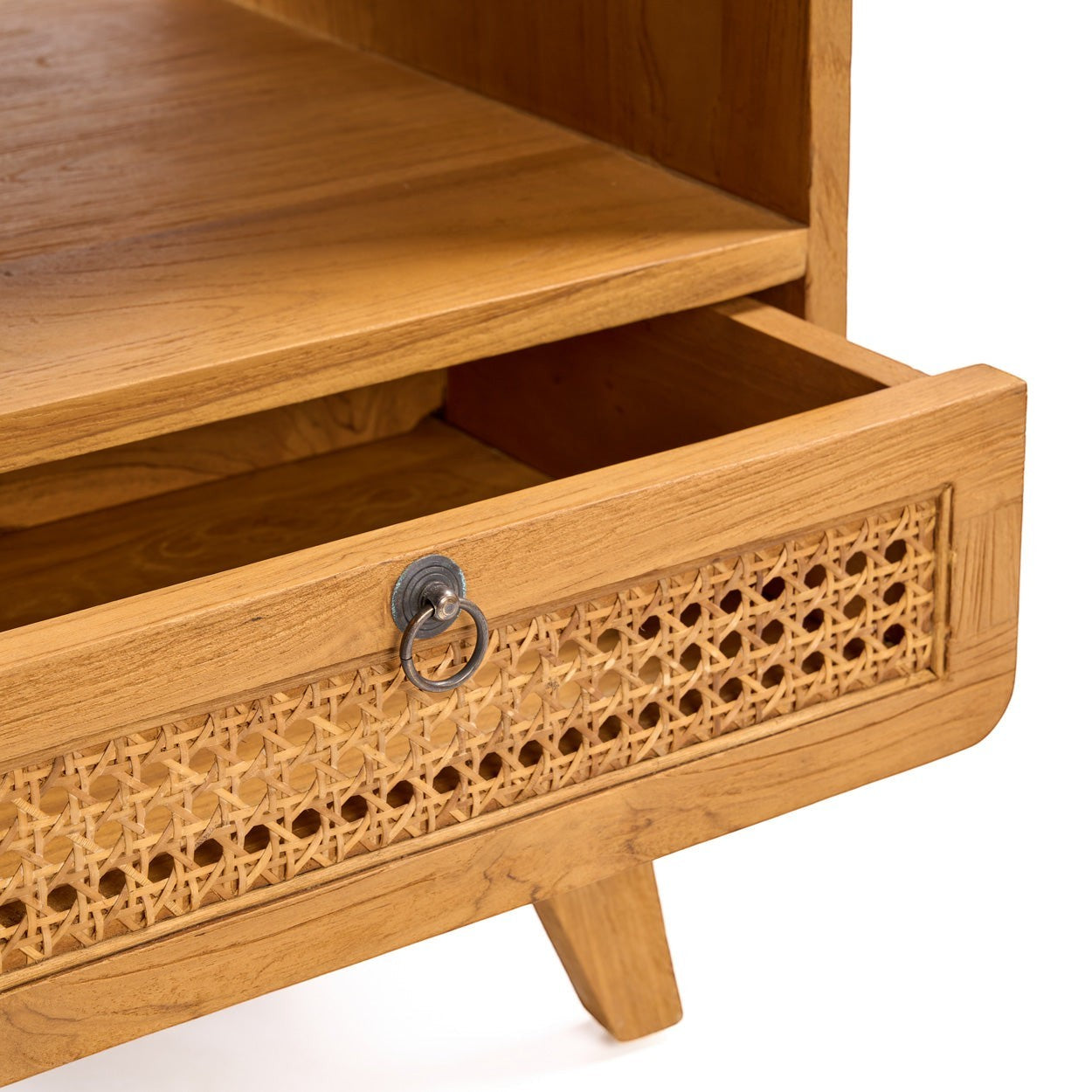 Kayu Living The Breeze nightstand in natural teak wood with a handwoven rattan drawer front and metal ring pull.
