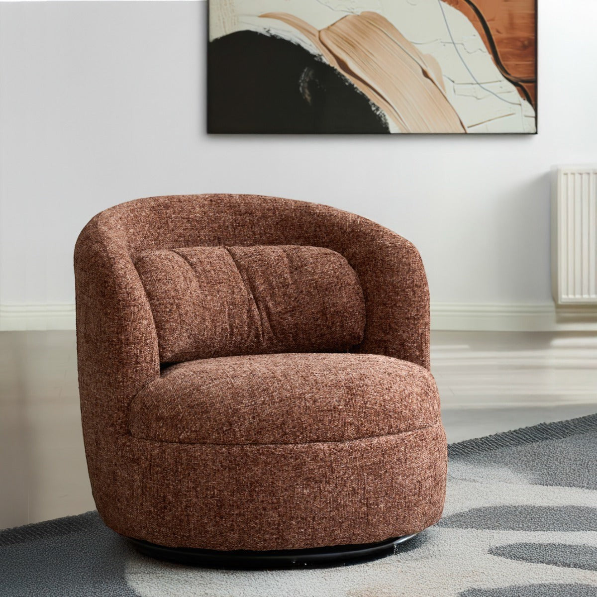 Kayu Living Britt swivel armchair in burgundy textured fabric with a rounded back and plush seat cushion
