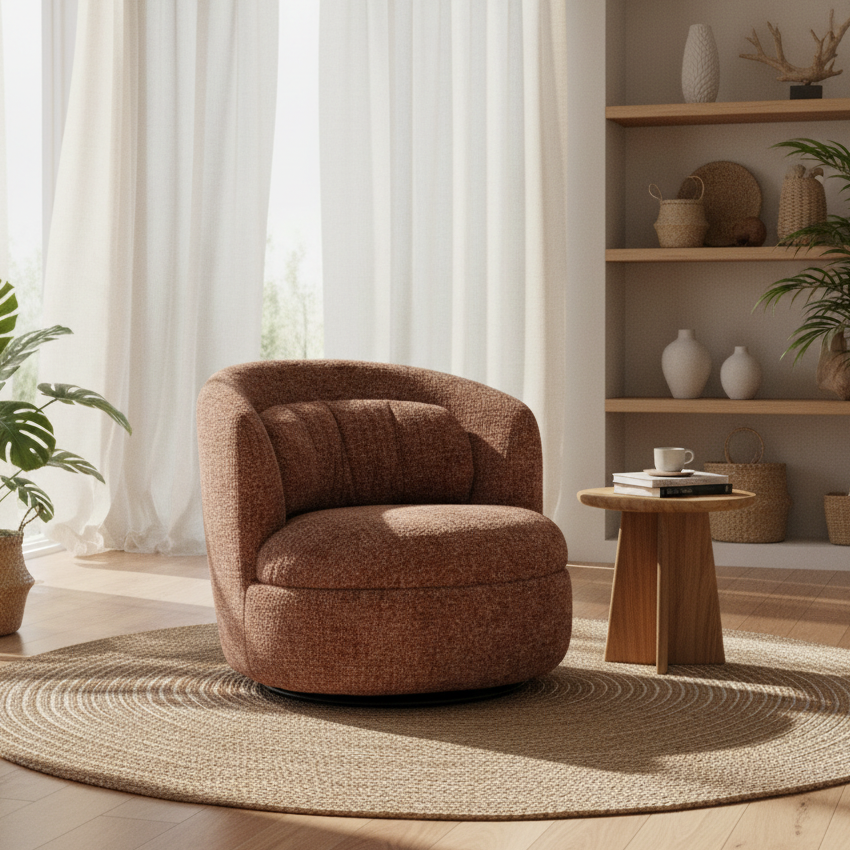 A round upholstered accent chair in a warm brown textured fabric sits on a round woven jute rug in a bright, modern living room. The chair is styled with a small wooden side table holding a book and a cup, with a monstera plant on the left and a shelving unit with decorative vases on the right.