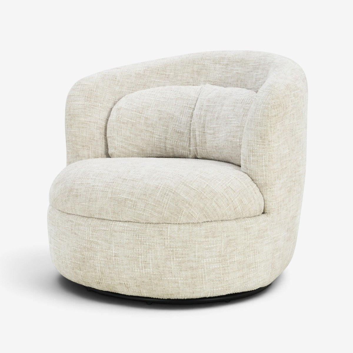 Kayu Living Britt cream swivel armchair with a rounded back and textured fabric upholstery on a circular base.