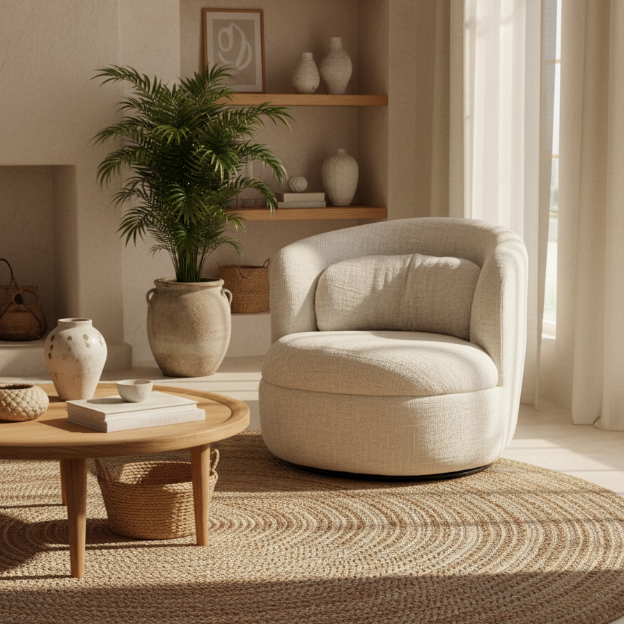 A cream upholstered accent chair in a sunlit living room with a woven round rug, wooden coffee table, shelving, and a potted palm.