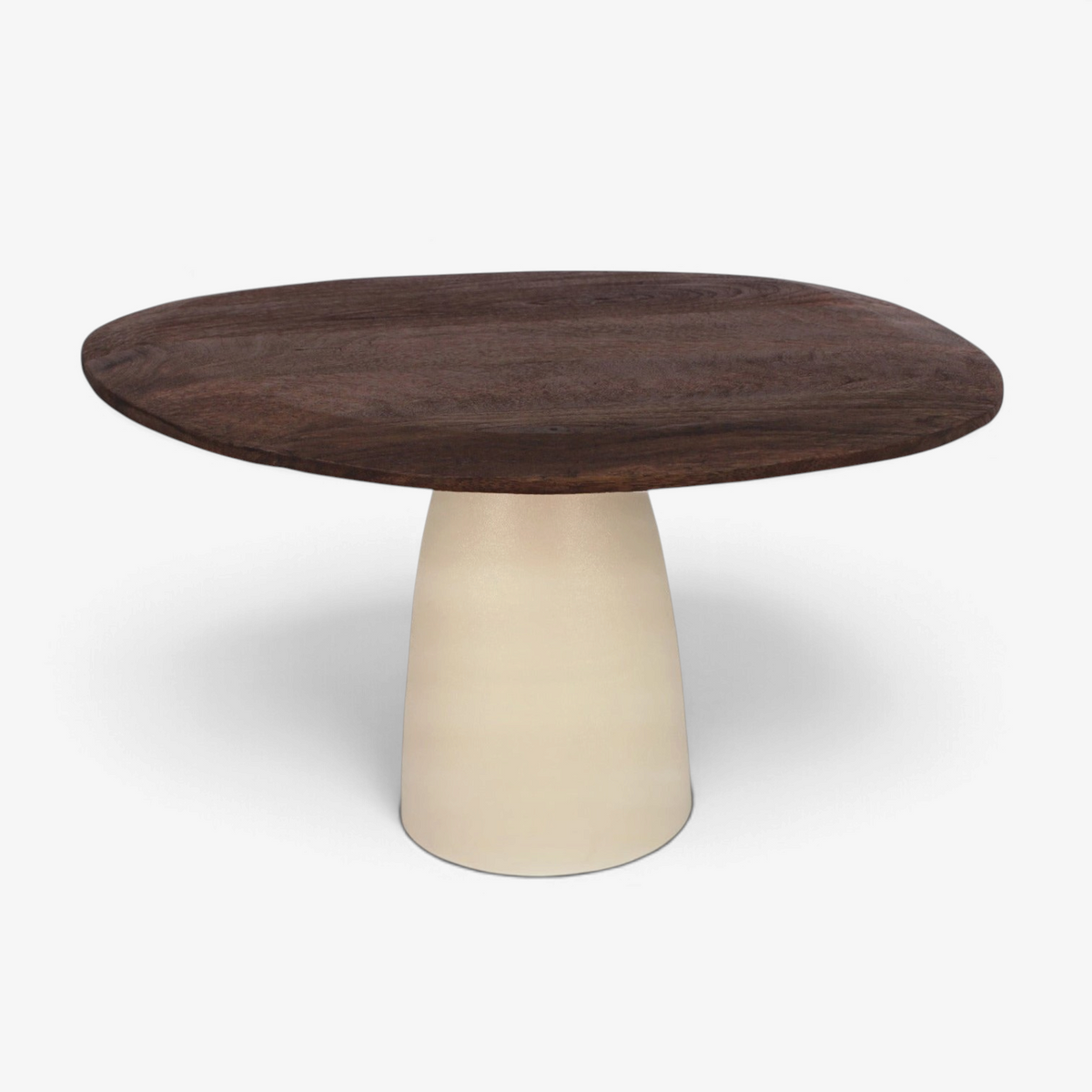 Kayu Living Brix dining table with a round brown hardwood top and a sturdy ivory steel pedestal base.