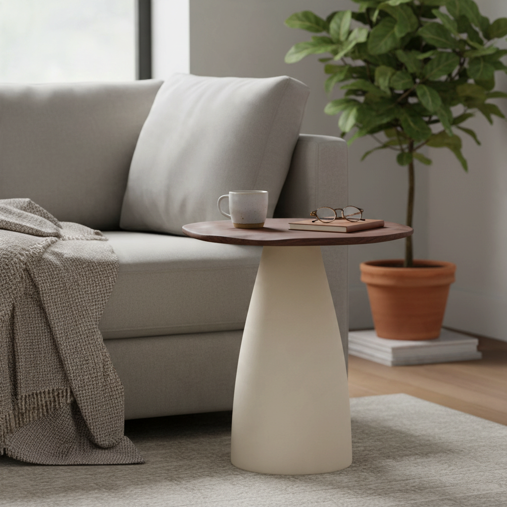 Kayu Living Brix Brown side table with a round dark hardwood top and ivory steel conical base next to a sofa