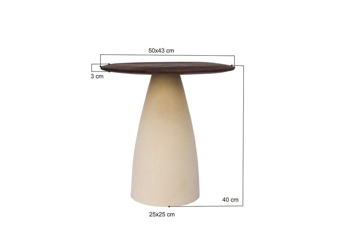 Kayu Living Brix Brown side table with a dark hardwood circular top and a tapered ivory steel base on white background