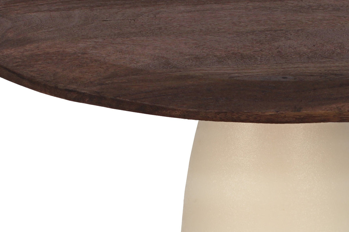Kayu Living Brix dining table featuring a round brown hardwood top and a sturdy ivory steel pedestal base