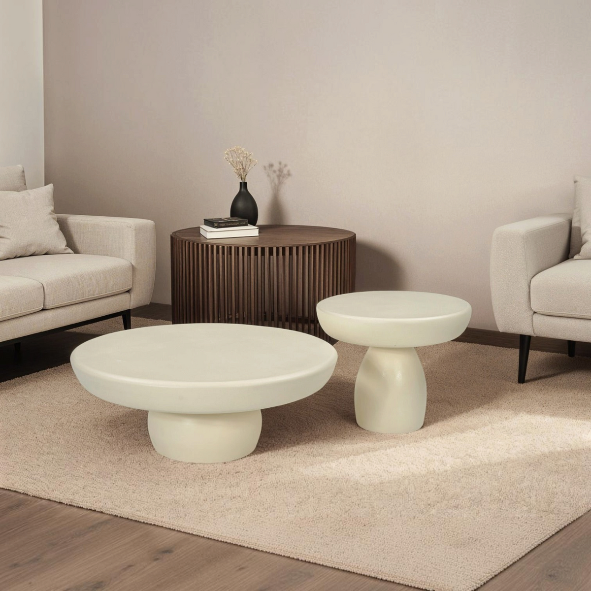 Kayu Living Brix Dune 80 cm coffee table in beige beton cire with a minimalist pedestal base in a modern living room