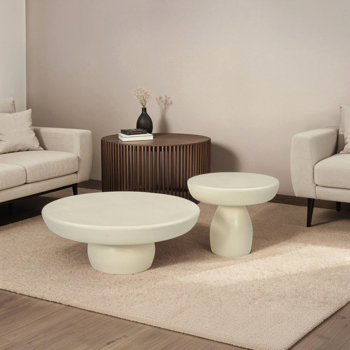 Kayu Living Brix Dune 50 cm coffee table in beige beton ciré with a minimalist pedestal base in a modern living room