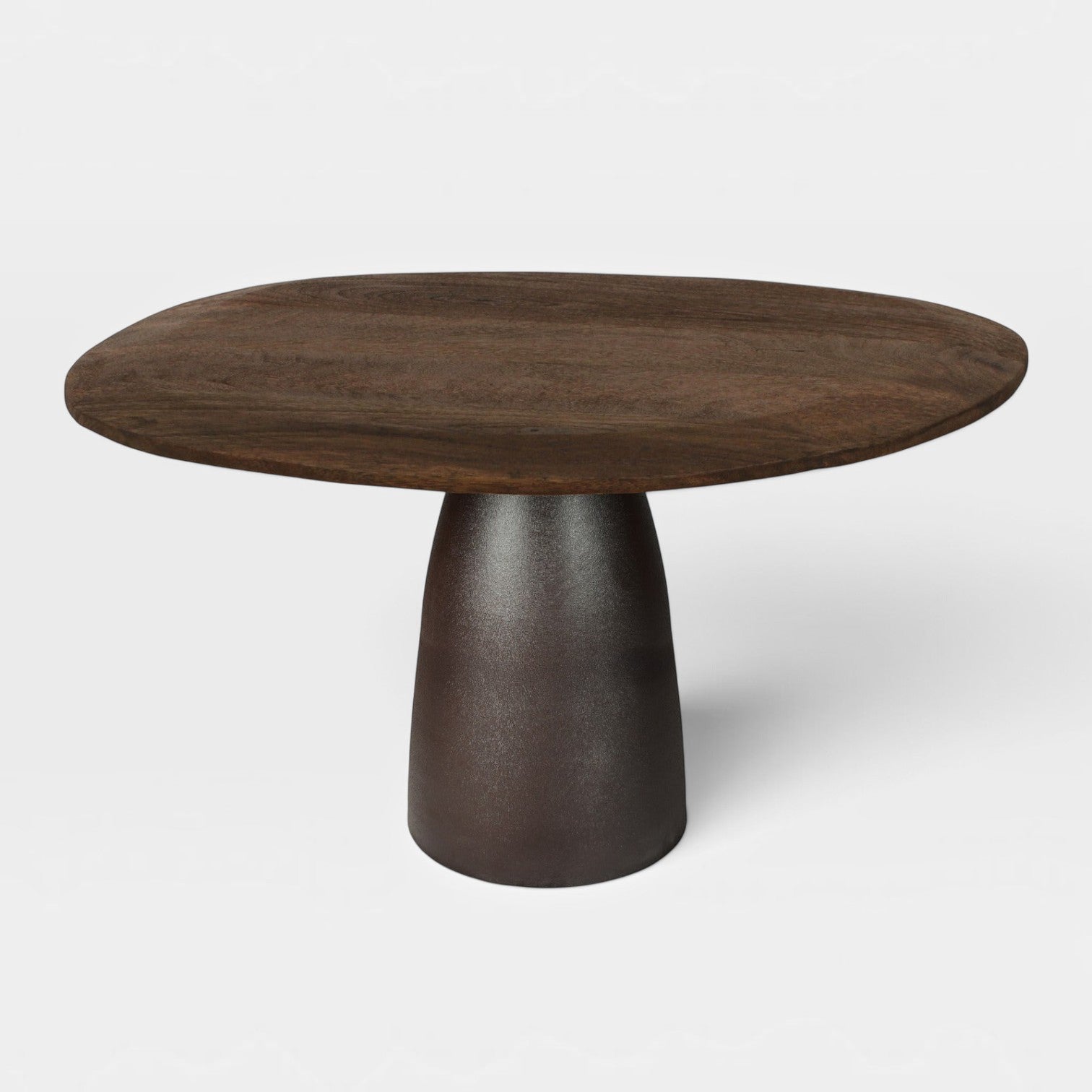 Kayu Living Brix dining table in espresso brown hardwood with a sleek pedestal steel base and antique finish.