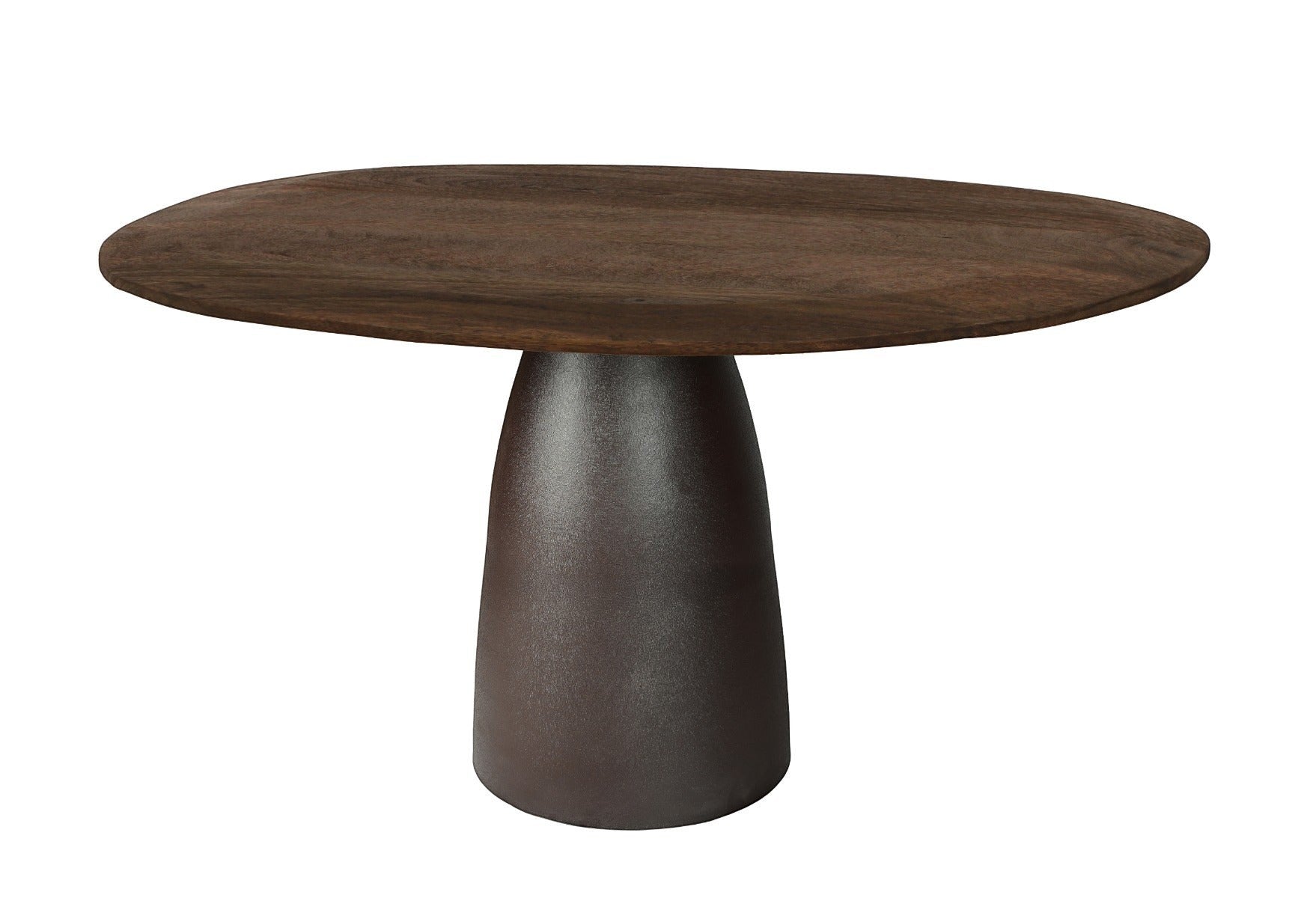 Kayu Living Brix dining table in dark espresso hardwood with a pedestal steel base in a Malta Antique finish.