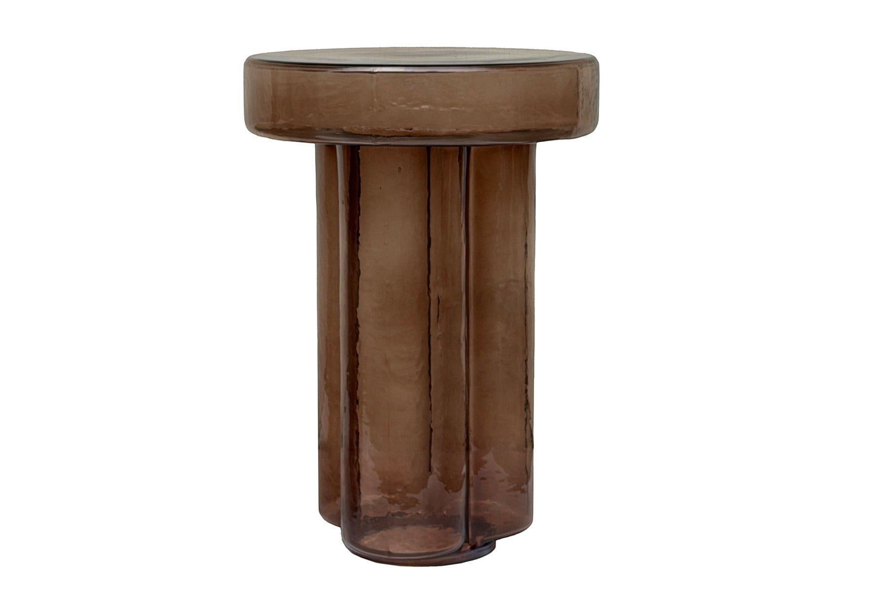Kayu Living Brix Lio side table in smoked brown glass with a rounded top and fluted cylindrical base.