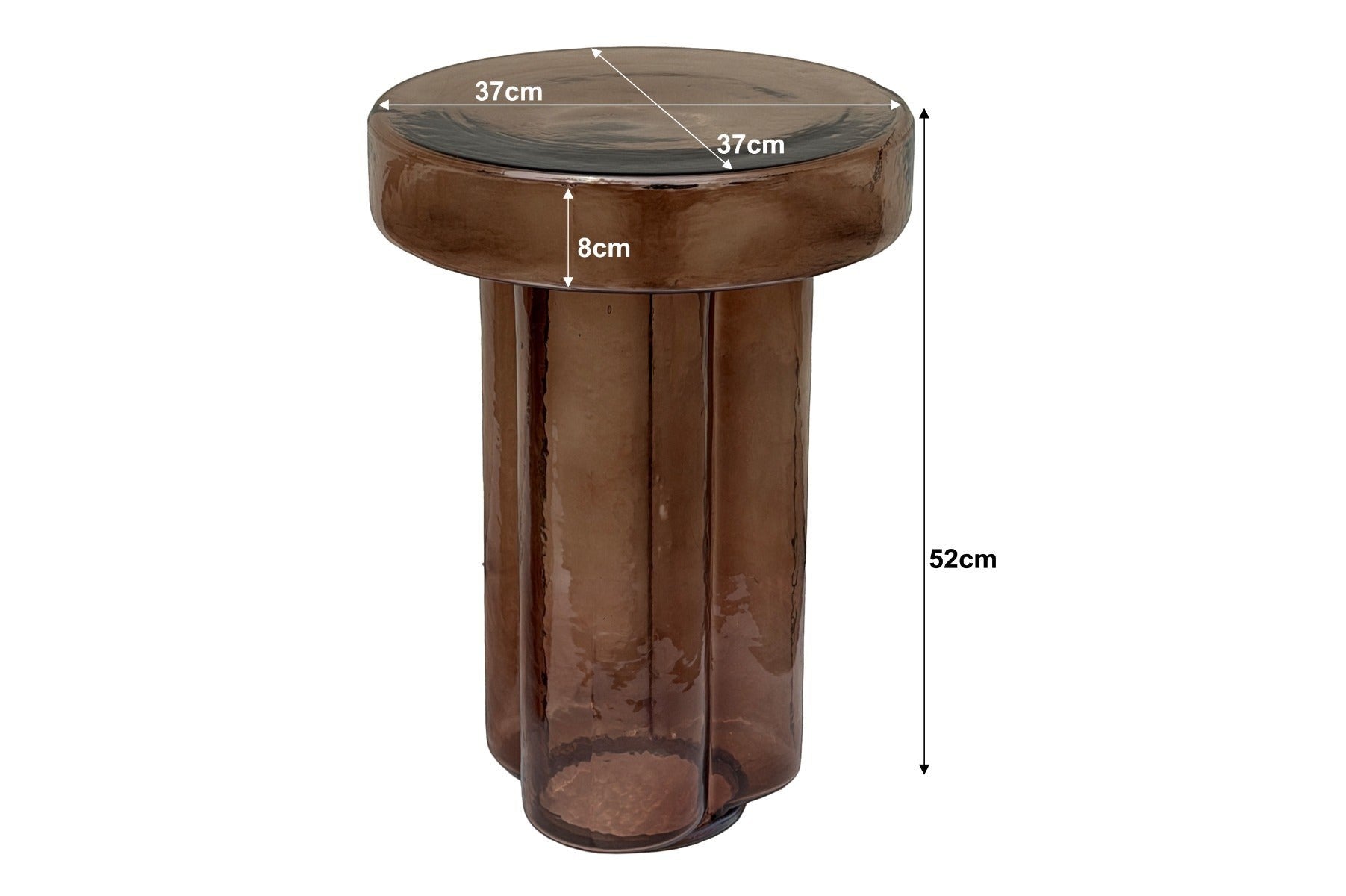 Kayu Living Brix Lio side table in smoked brown glass with a round top and fluted cylindrical base, 37 cm diameter.