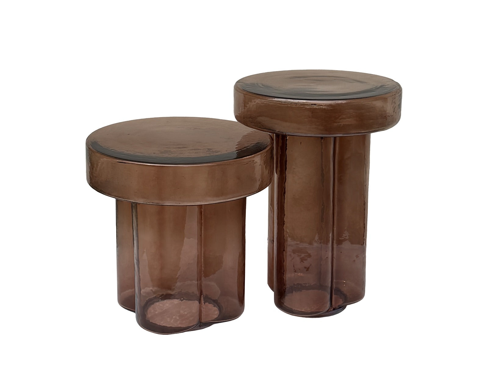 Kayu Living Brix Lio side tables in smoked brown glass with rounded tops and fluted cylindrical bases.