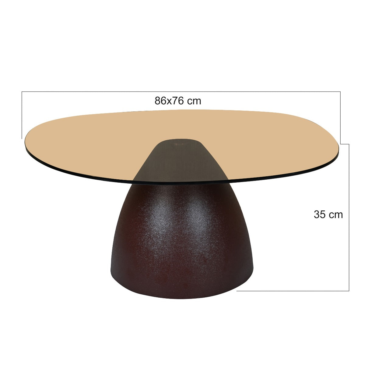 Kayu Living Brix Mylon coffee table with a round smoked-glass top and a sturdy brown steel base, 86 cm wide.