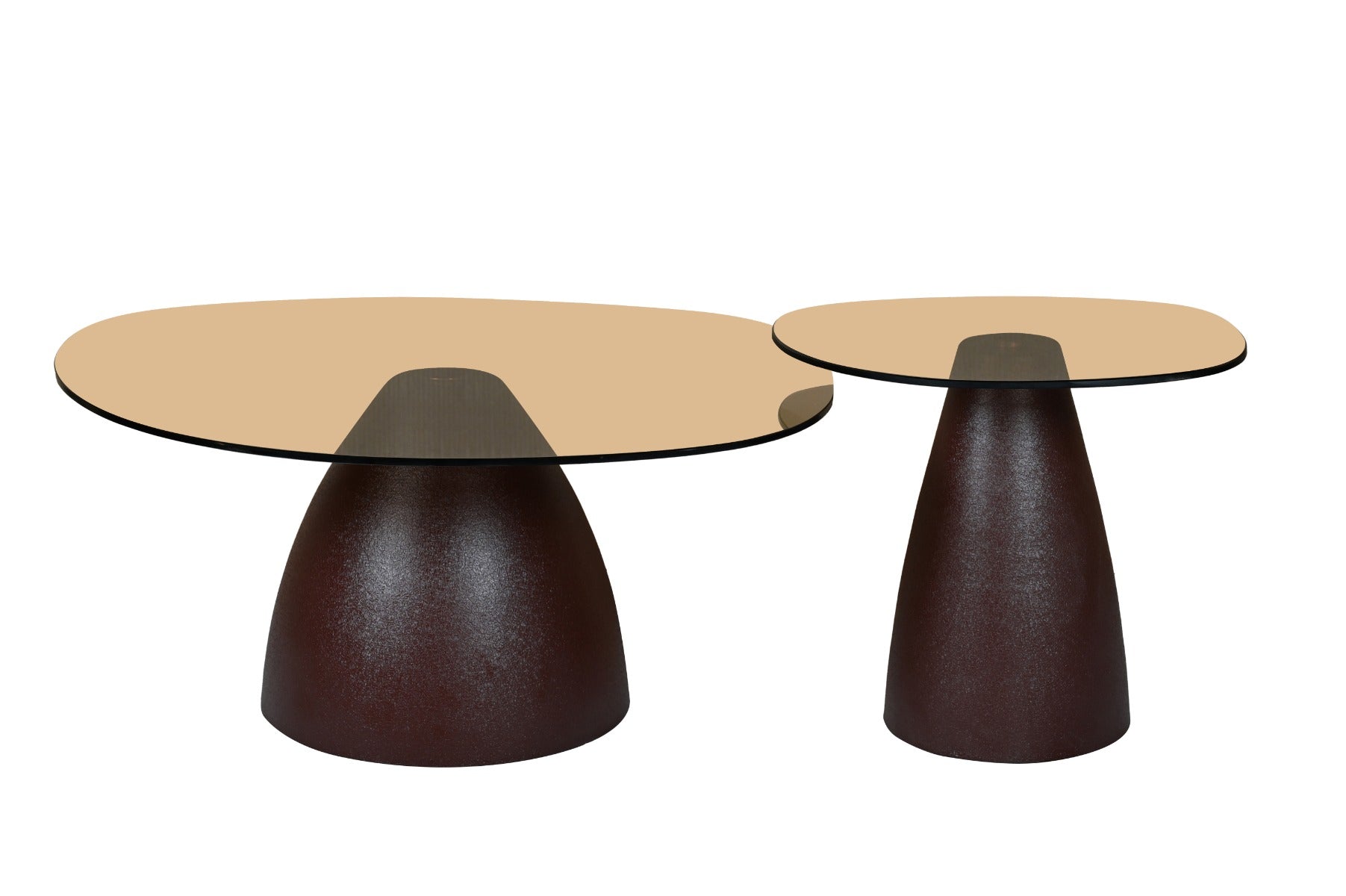 Kayu Living Brix Mylon coffee tables with brown smoked-glass tops and textured brown steel pedestal bases.